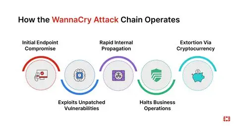 WannaCry attack chain: endpoint compromise, exploit, rapid propagation, ransom