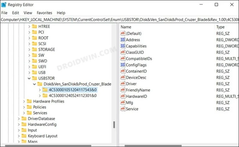 Windows Registry Editor showing USBStor key: history of connected USB devices