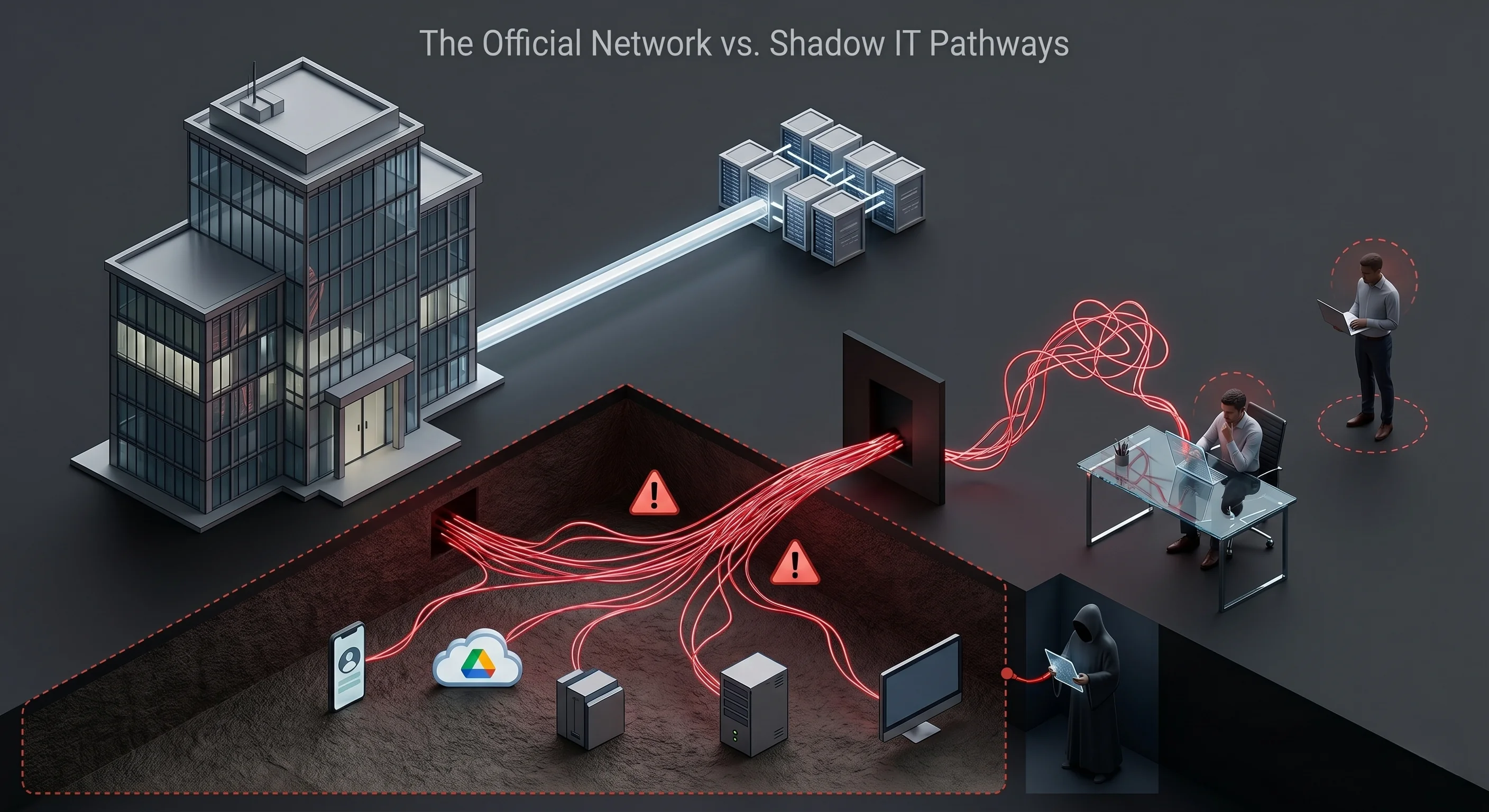 Official network vs. Shadow IT pathways: unauthorized cloud, personal devices, shadow apps