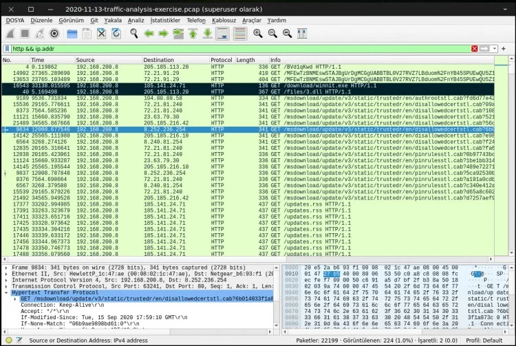 Wireshark packet analysis screen: HTTP traffic filtering and packet inspection