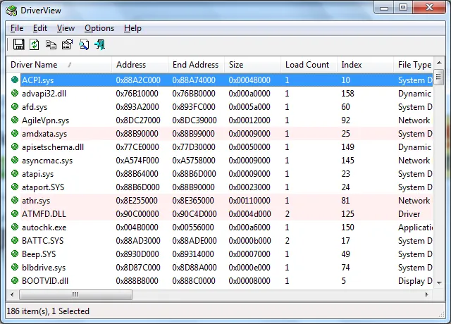 DriverView Installed Drivers List Interface