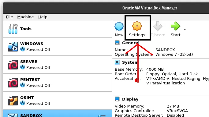 Virtual Machine Settings Menu