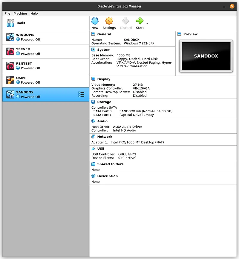 Newly Created VM in VirtualBox Interface