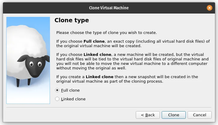 Linked Clone or Full Clone Selection Screen