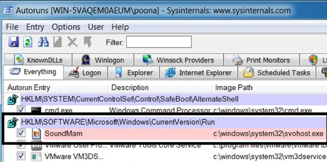 Windows Registry Persistence Entries in Autoruns