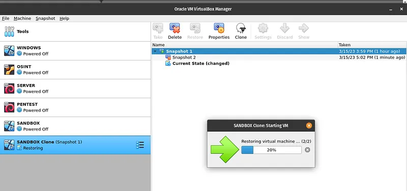 VirtualBox Snapshot Creation Menu