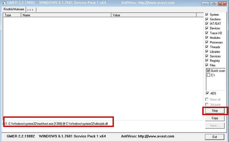Rootkit Detection and API Hooking Analysis via GMER