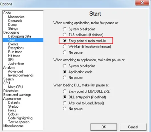 OllyDbg Initialization Settings: Entry Point