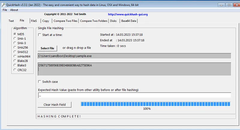 Calculating File Hash with QuickHash