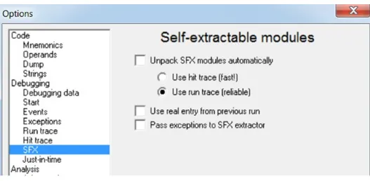 OllyDbg SFX Options Configuration Screen