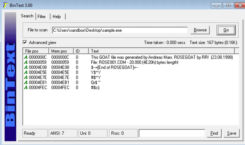 ASCII and Unicode String Analysis with BinText